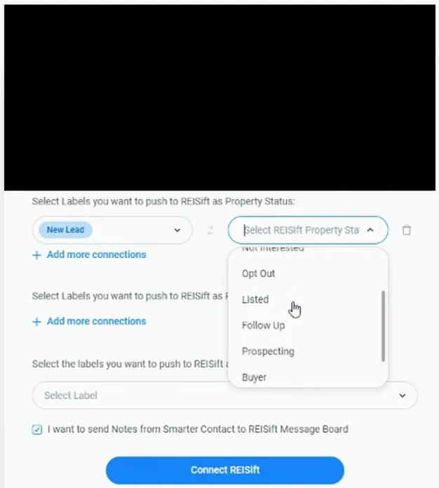 New Lead label paired with the property status dropdown open showing Opt Out, Listed, Follow Up, Prospecting