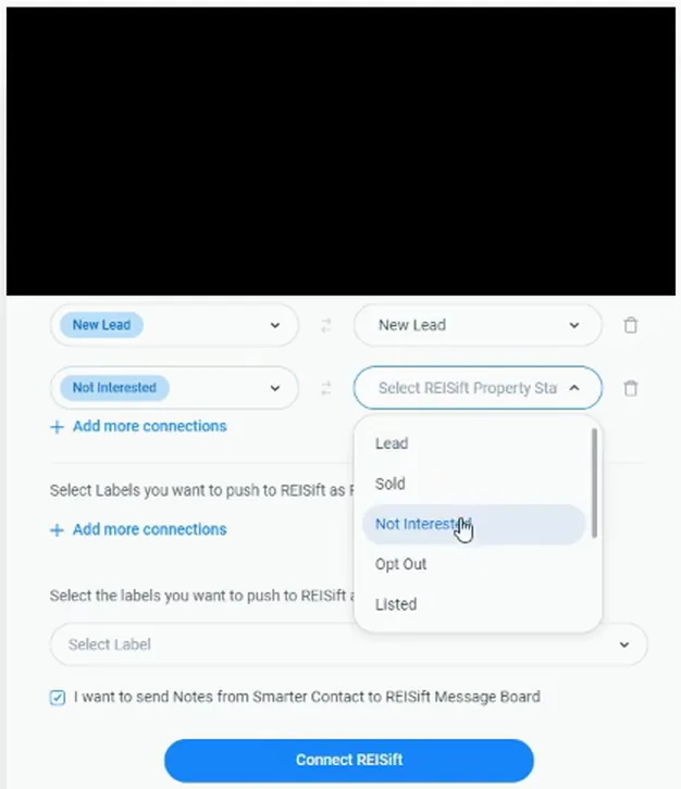 Integration page with New Lead and Not Interested both mapped under property status