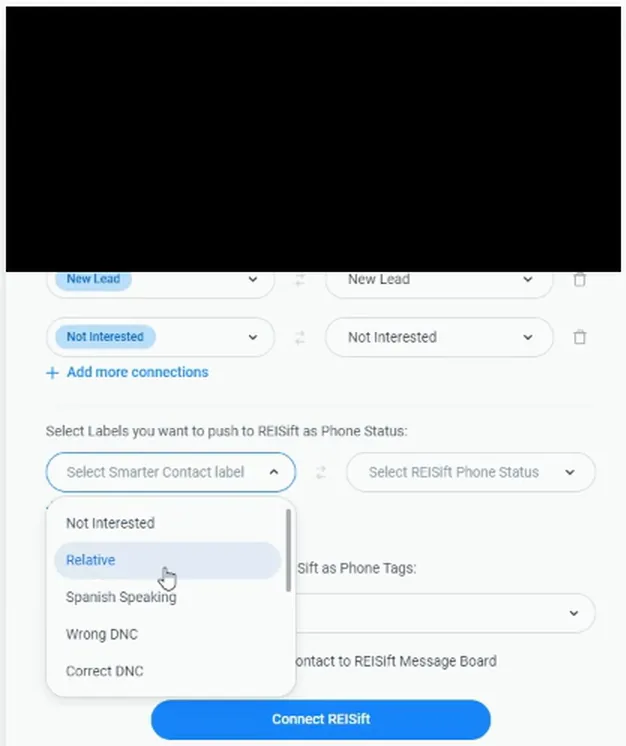 Smarter Contact label dropdown open showing Not Interested, Relative, Spanish Speaking and Correct DNC