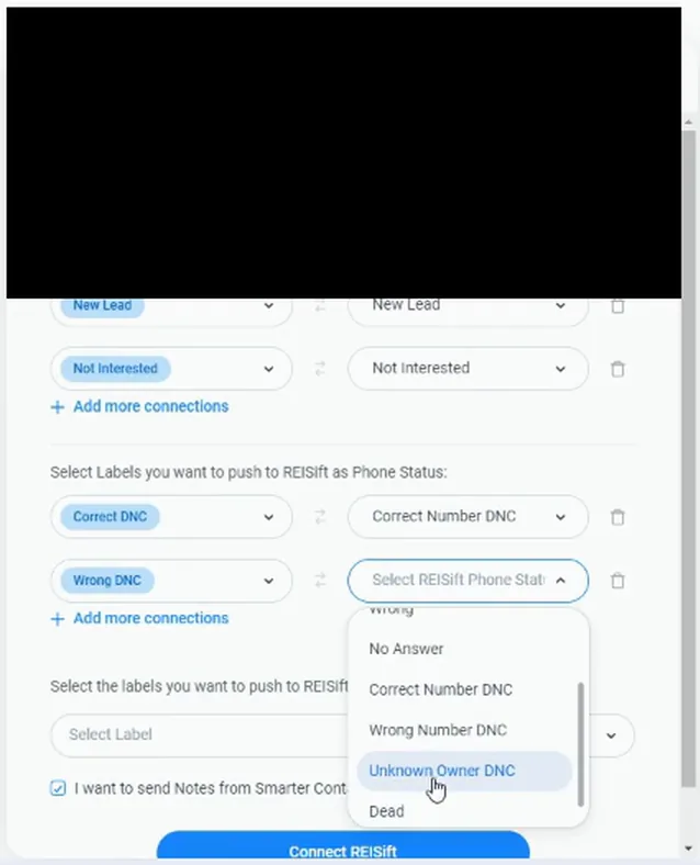 Phone status rows with Correct DNC and Wrong DNC mapped and a label dropdown open