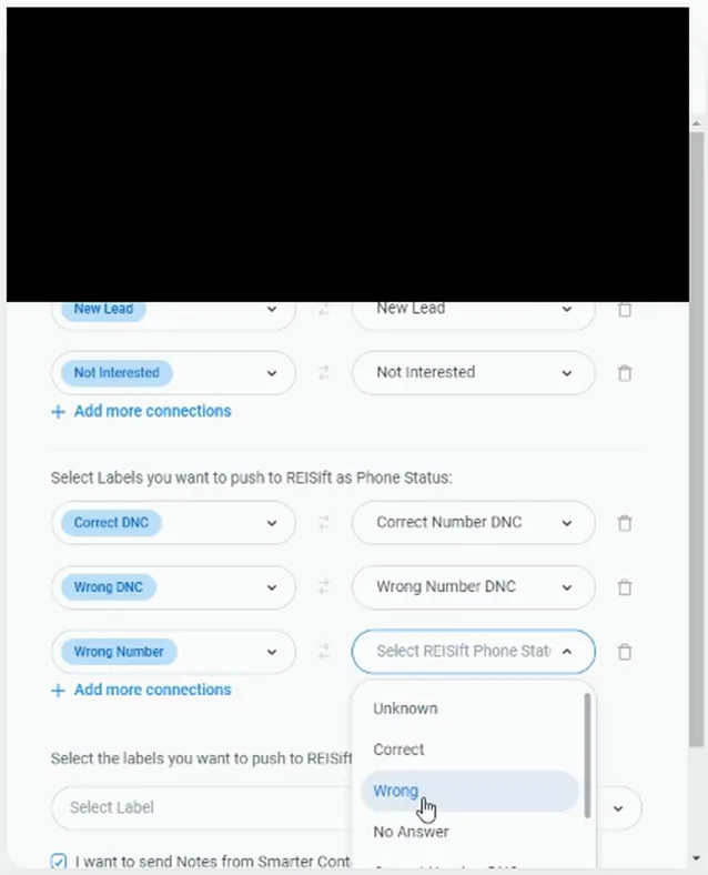 Phone status mapping with the dropdown selecting Wrong for the wrong number label