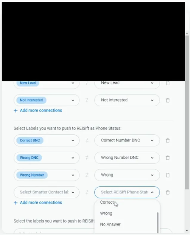 Phone status dropdown showing Correct, Wrong and No Answer options for the connection
