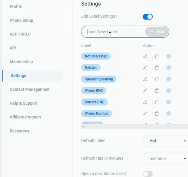 Settings label list with the input new label field empty above Wrong DNC and Correct DNC