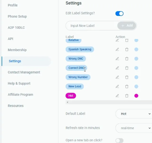 Settings label list showing Wrong DNC, Correct DNC, Wrong Number, New Lead and default Hot