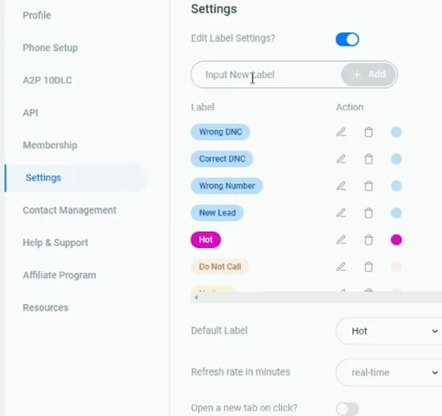 Settings label list with Wrong DNC, Correct DNC, Wrong Number, New Lead, Hot and an Add field