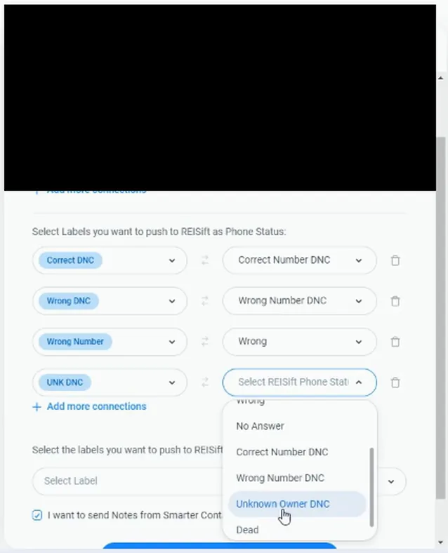 Phone status mapping row with the REISift dropdown open on Unknown Owner DNC