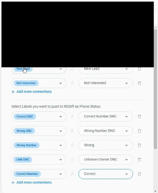 Label mapping screen listing phone status pairs including Correct Number to Correct