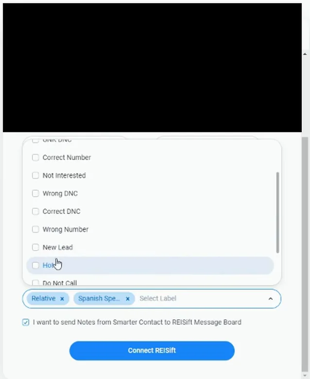 Phone tags dropdown with Relative and Spanish Speaking chosen, Connect REISift button below