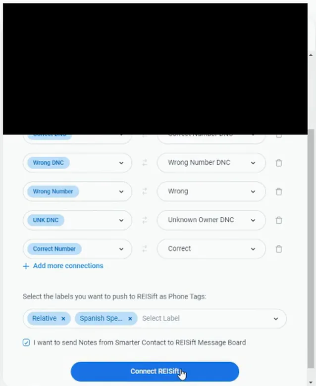 Mapping screen showing label connections and phone tags with Connect REISift button