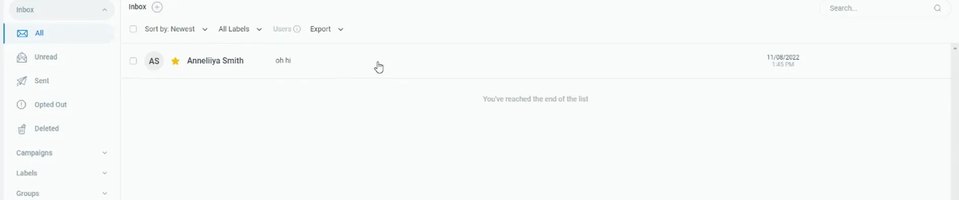 Messenger inbox with a single message thread from Anneliiya Smith and export options