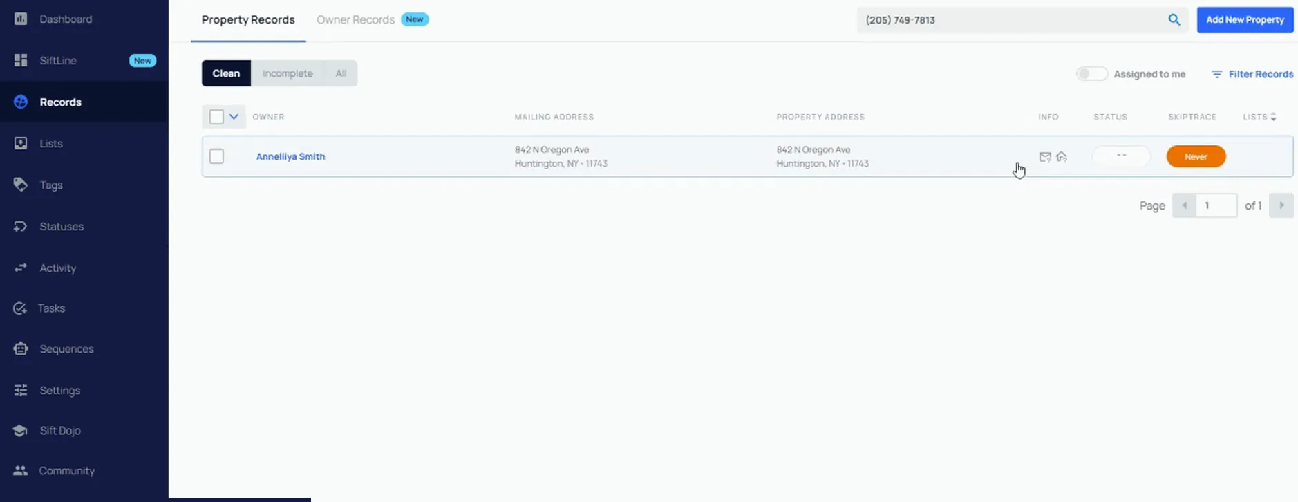DataSift property records list filtered by phone number, record showing no status