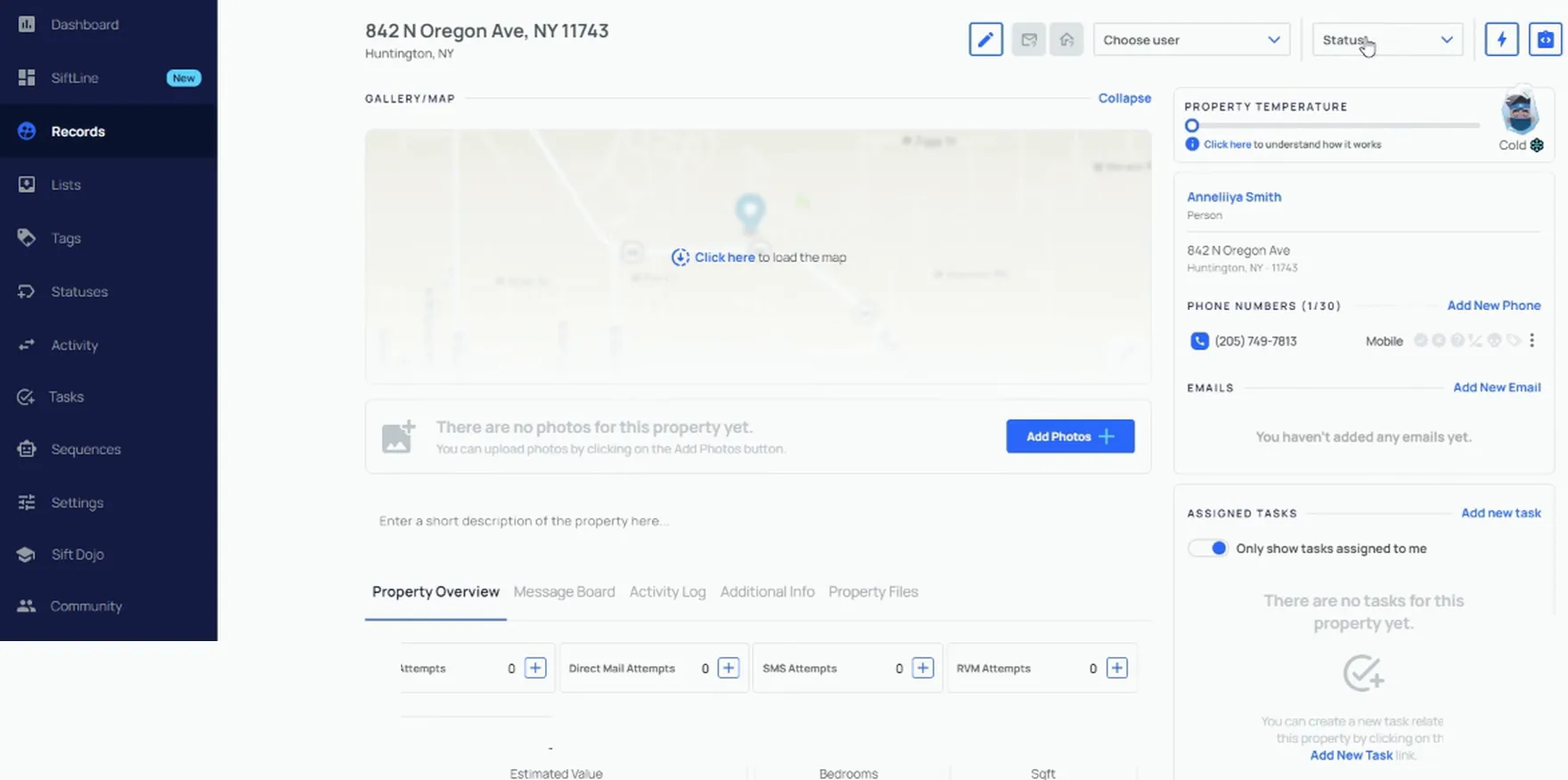 DataSift record page with empty status dropdown, property temperature and no phone tags