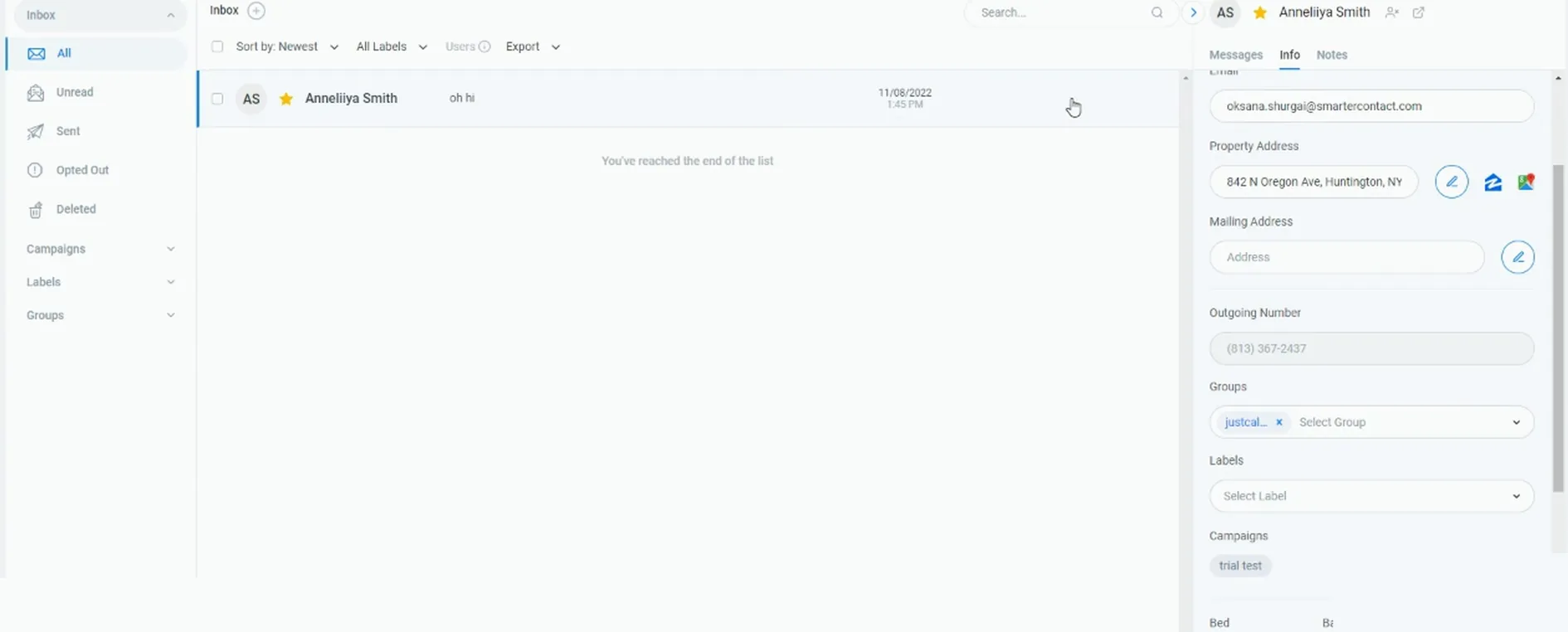 Info panel open with address and Groups filled, Labels empty, Campaigns showing trial test