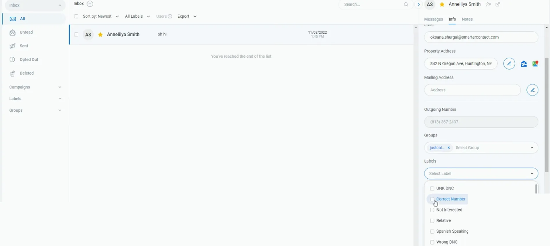 Labels dropdown open on the contact info panel highlighting the Correct Number option