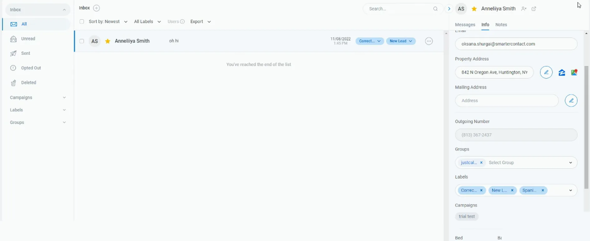 Messenger record showing labels Correct, New Lead and Spanish after the export