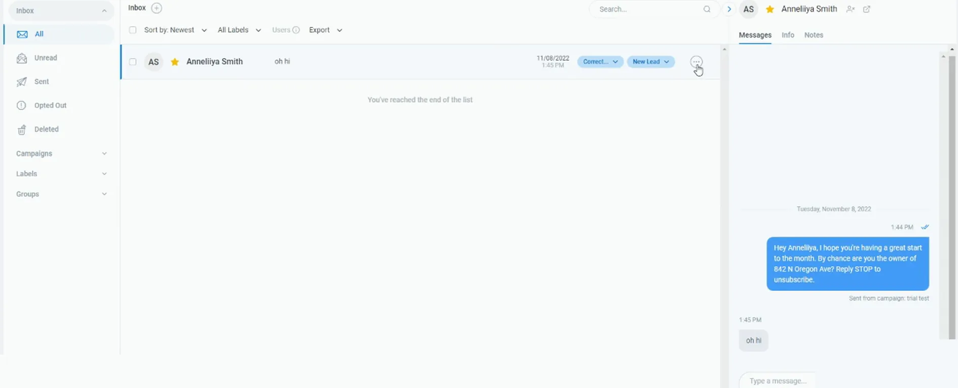Messenger inbox conversation with the tags Correct and New Lead applied