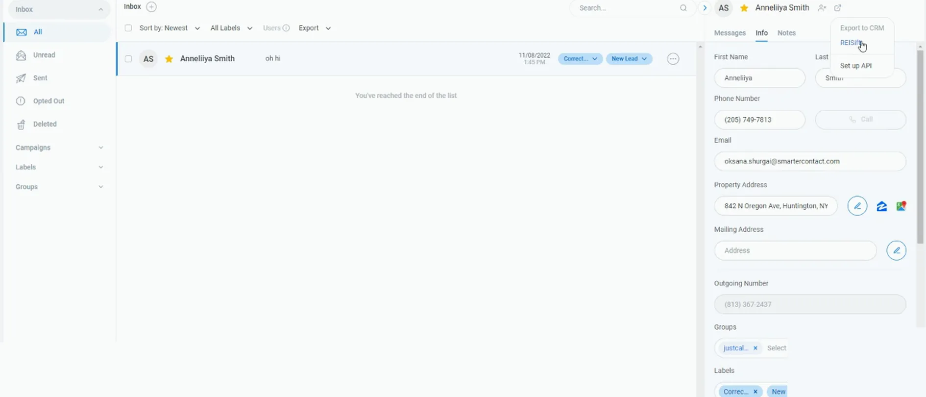 SmarterContact inbox conversation with the Export dropdown open, showing Export to CRM, REISift, and Set up API.