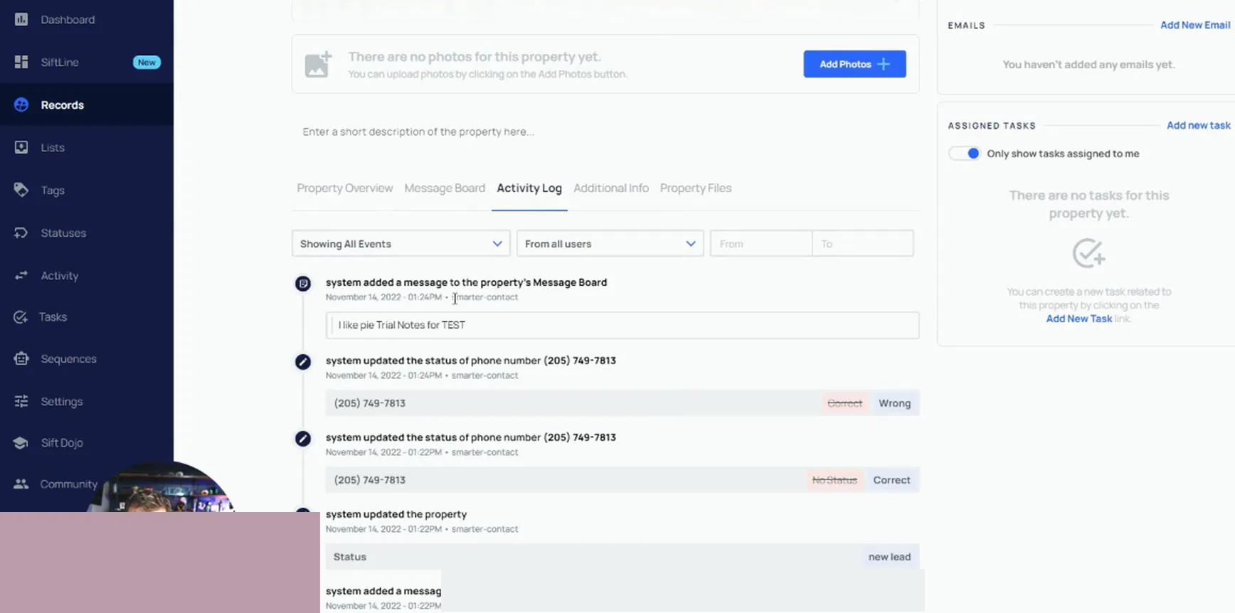 REISift property Activity Log tab showing phone status updates and message board entries