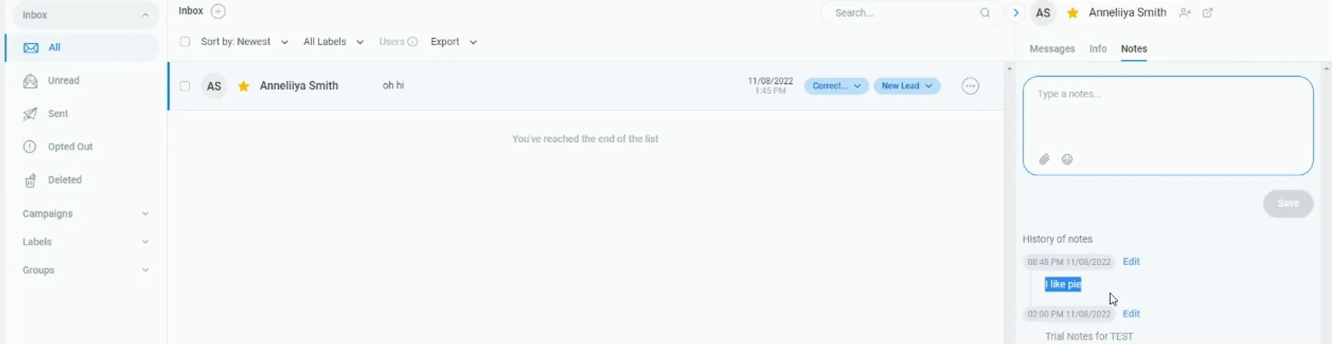 SmarterContact conversation with the Notes tab open showing note history including I like pie