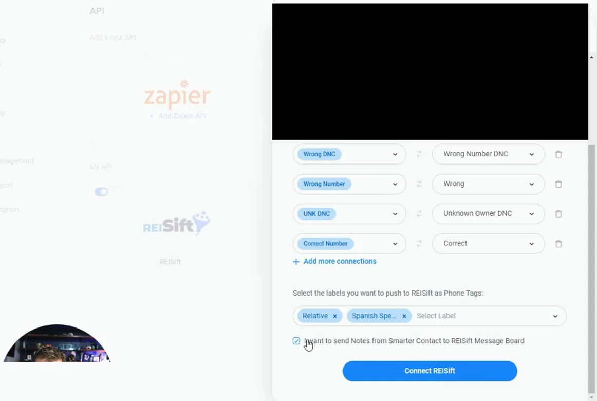 Settings API page showing REISift Zapier phone tag mappings and the send notes checkbox