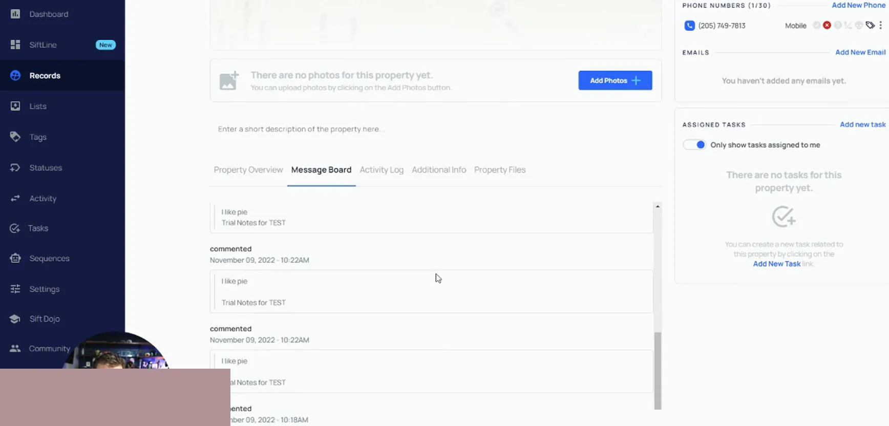 REISift property Message Board tab showing repeated duplicated notes from the SmarterContact integration