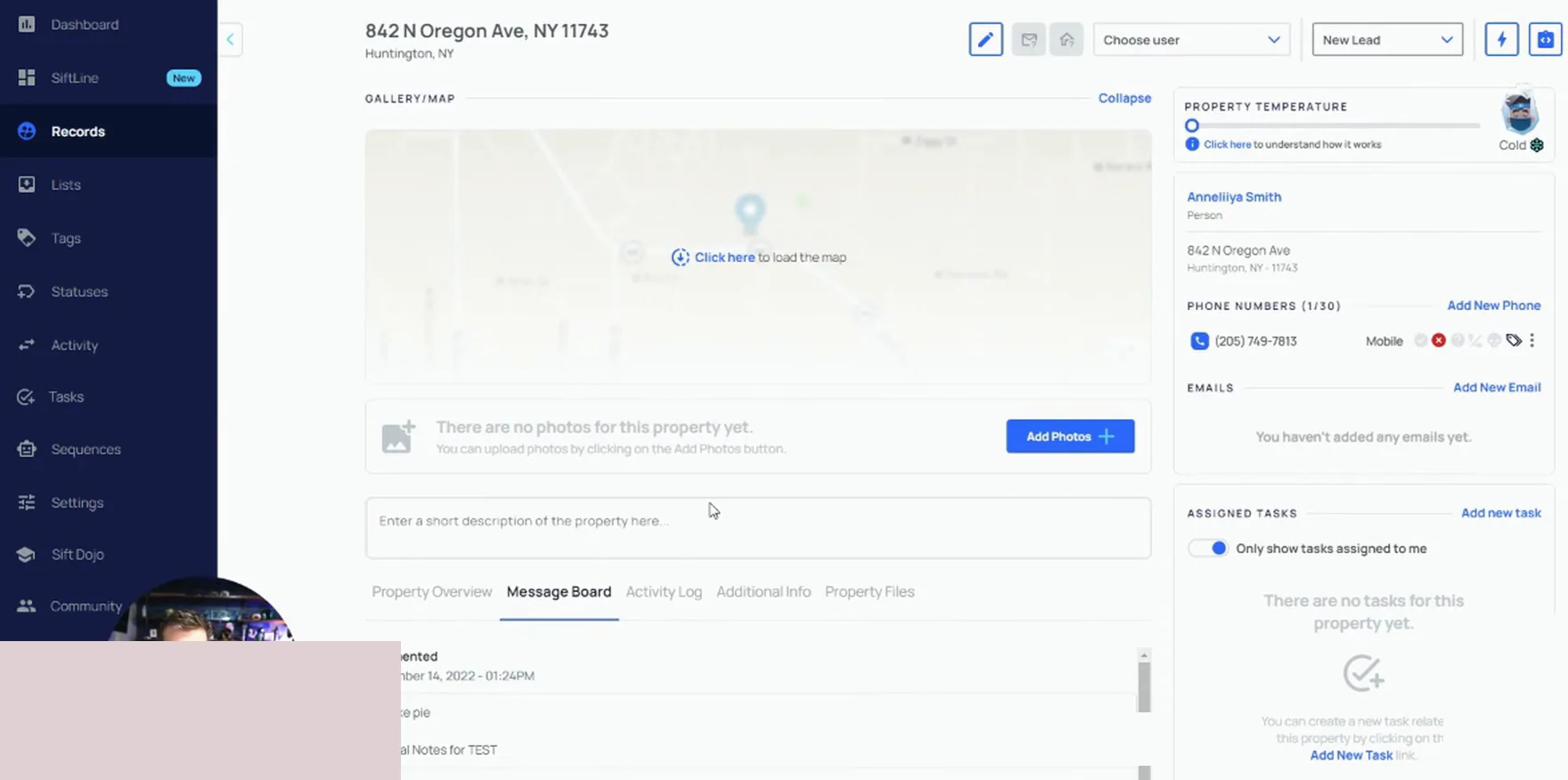 REISift property record page showing phone numbers, message board notes and property temperature panel
