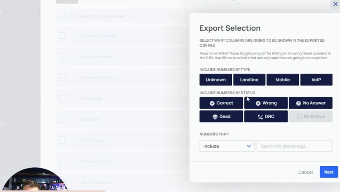 Export Selection dialog with options to include numbers by type and by phone status