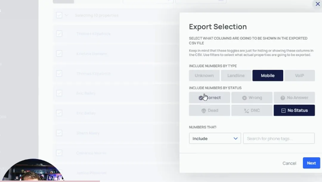 Export Selection dialog with Mobile number type and No Status filter selected