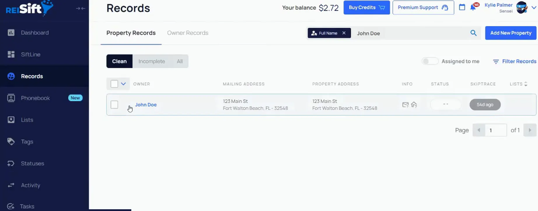 Records page in REI Sift with a filtered property record for John Doe and checkbox