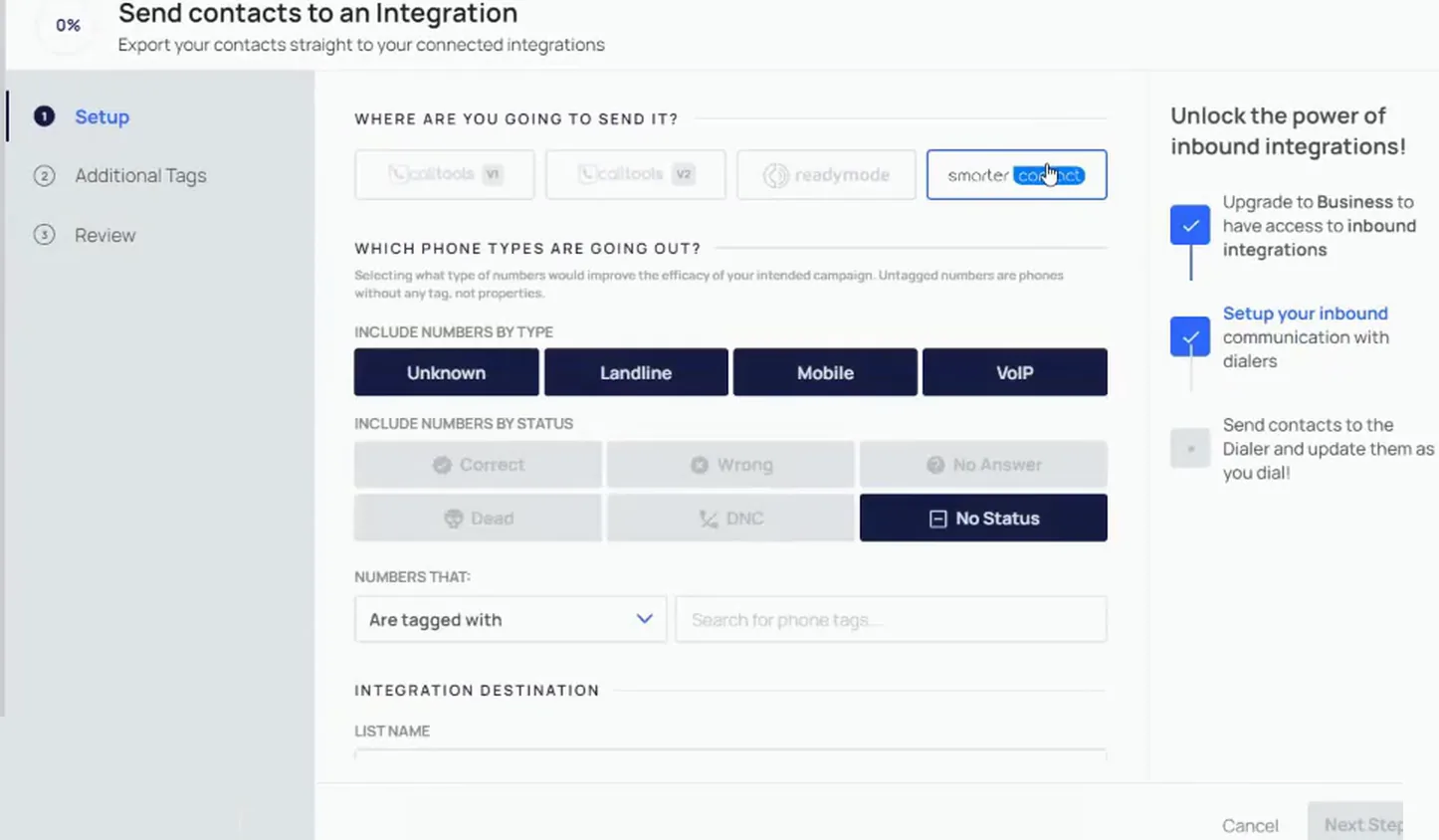 Send contacts to an Integration screen with SmarterContact selected and phone type filters shown