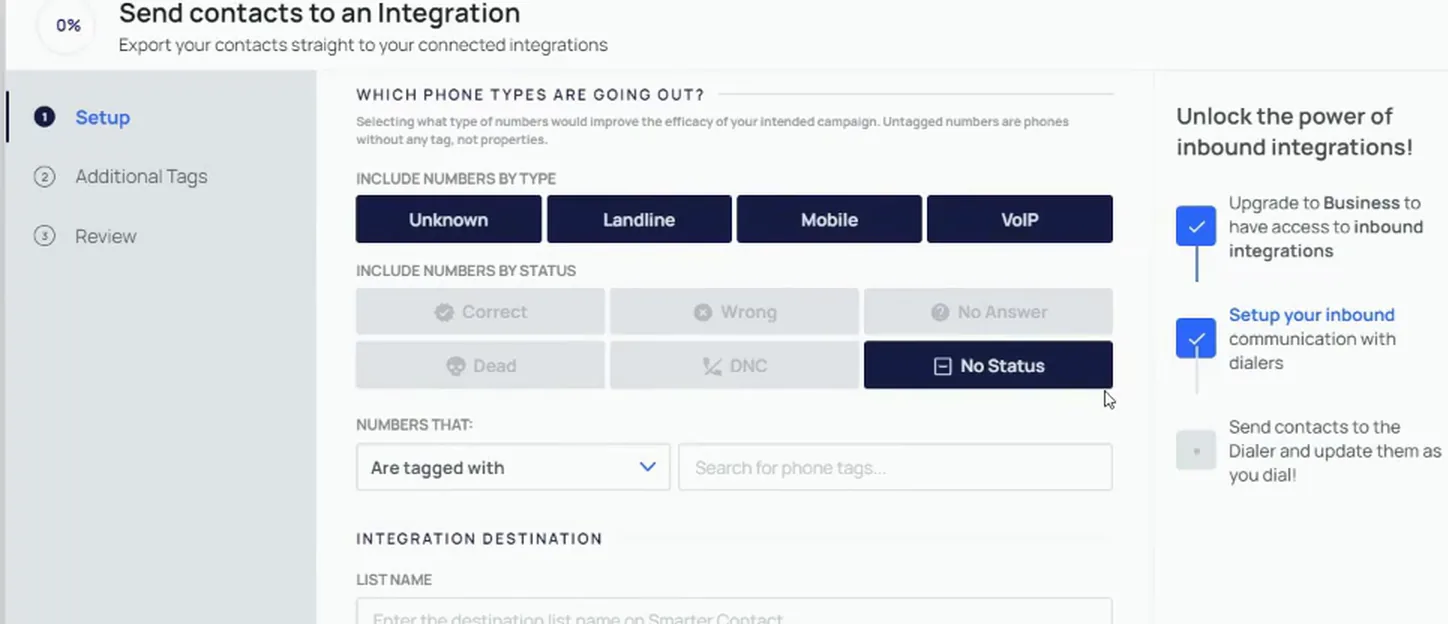 Send screen with the No Status phone filter selected among the status options