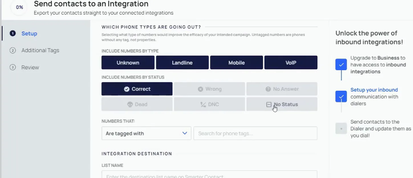 Send screen showing phone type and status filters with Correct selected