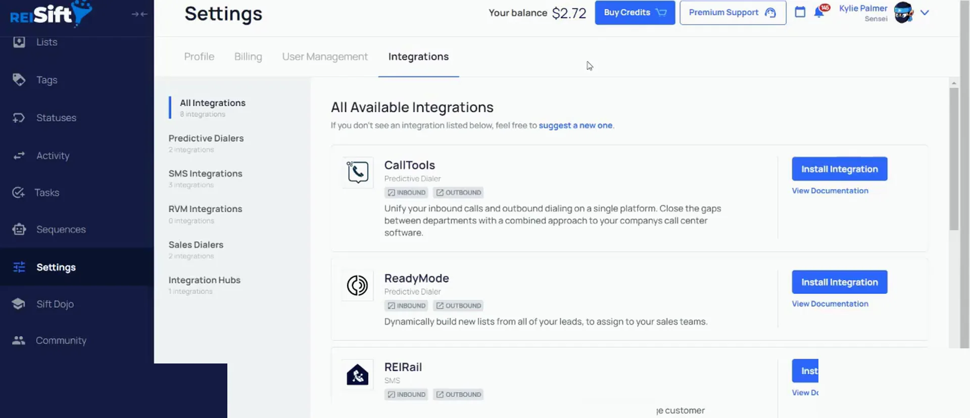 REI Sift settings integrations page listing CallTools, ReadyMode and REIRail with install buttons