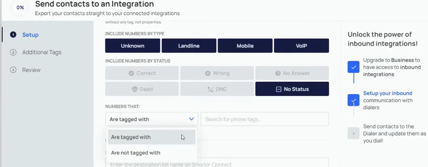 Send screen showing phone type filters, status filters and the phone tag dropdown open