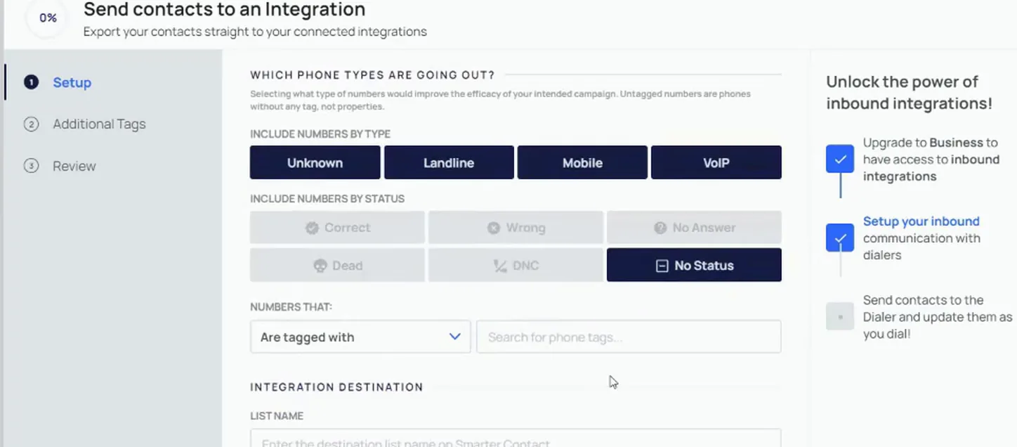 Send screen showing phone type, status and tag filter options set for the send