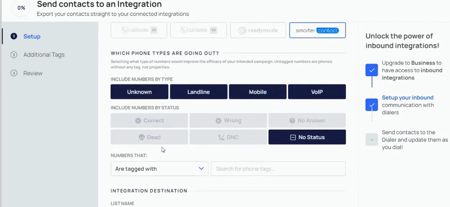 Send screen with SmarterContact selected and phone type and status filters in place