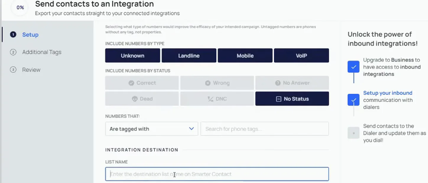 Send screen with phone type filters, status filters and the list name field showing