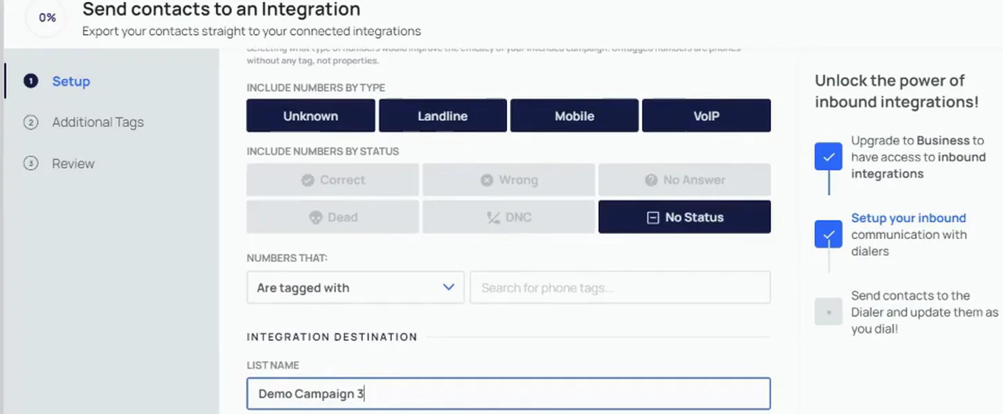 Send screen with SmarterContact selected, filters set, and List Name field at the bottom