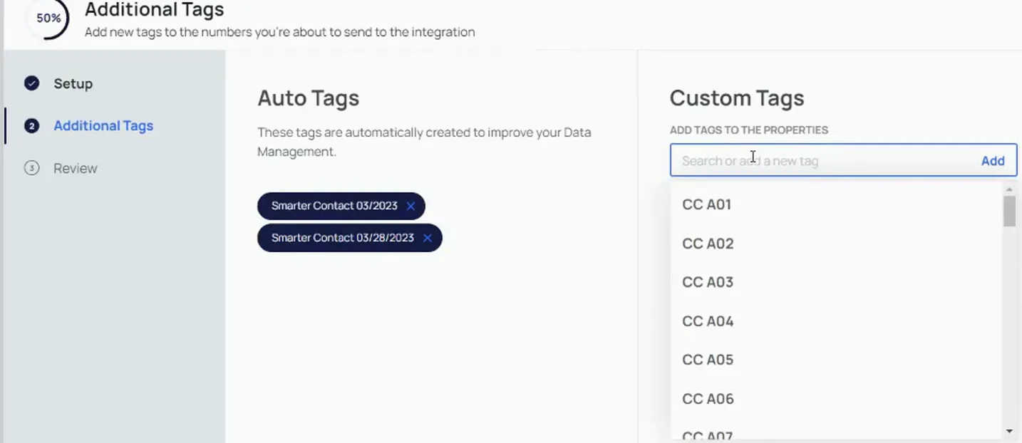Additional Tags step showing Auto Tags and a Custom Tags search dropdown with tag options