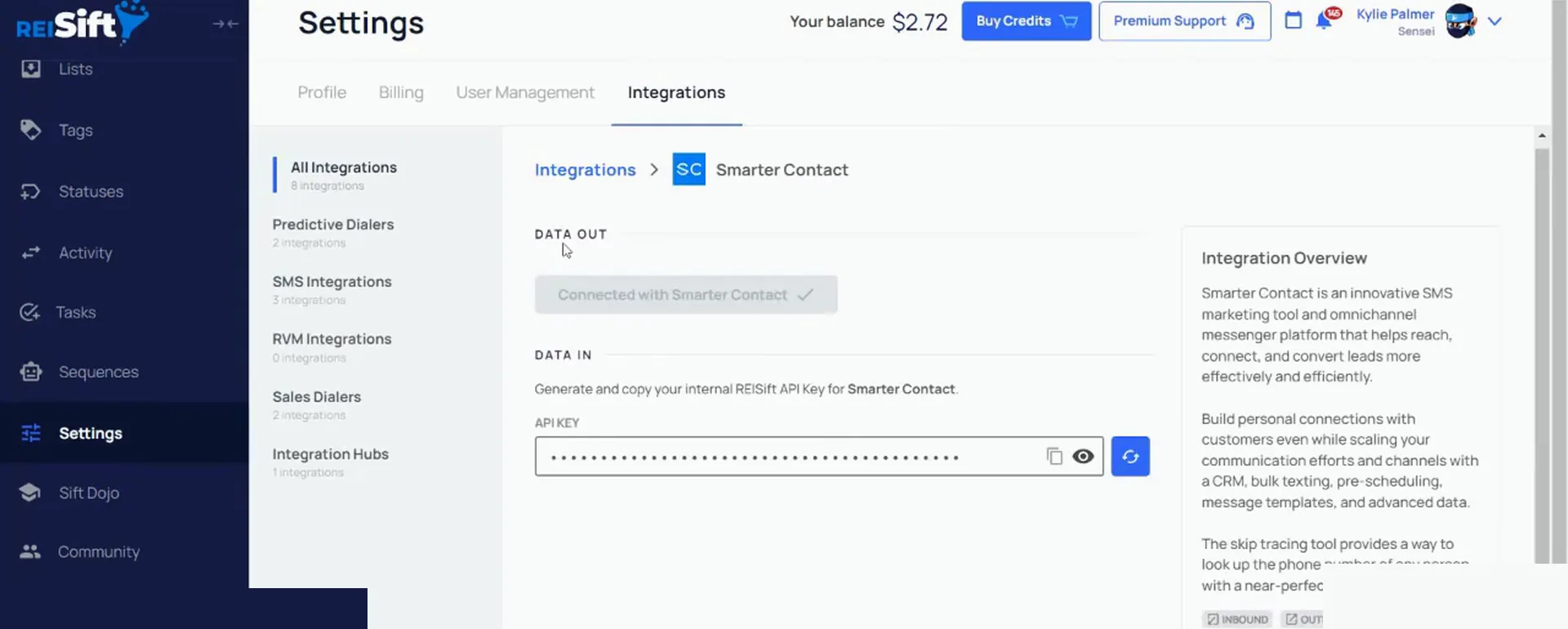 Settings Integrations page showing Smarter Contact connected with an API key field for data in