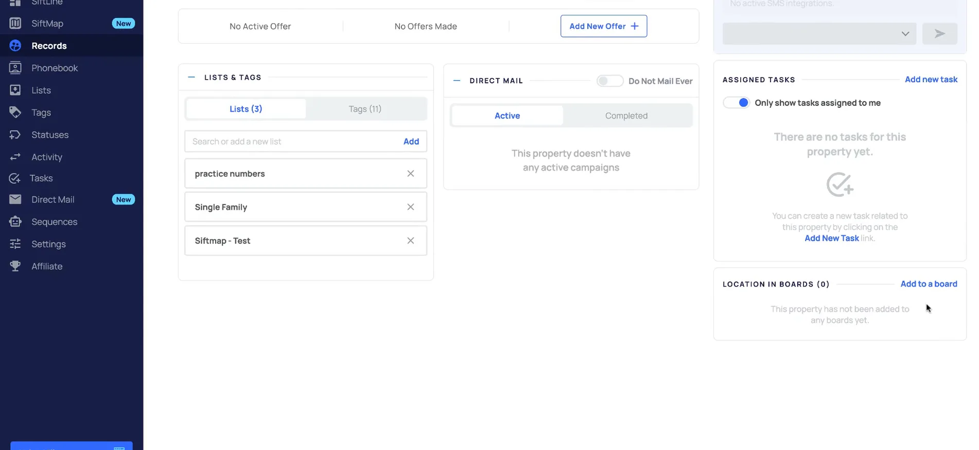 Record screen with lists and tags, direct mail, tasks, offers and board status panels