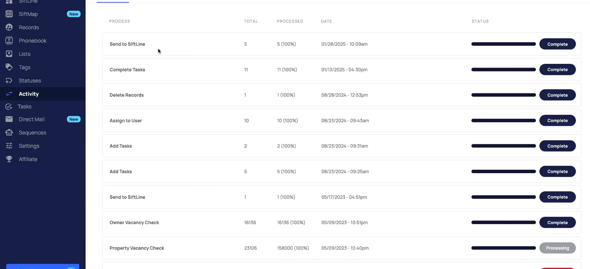 Activity screen with a process table showing totals, dates, progress bars and statuses