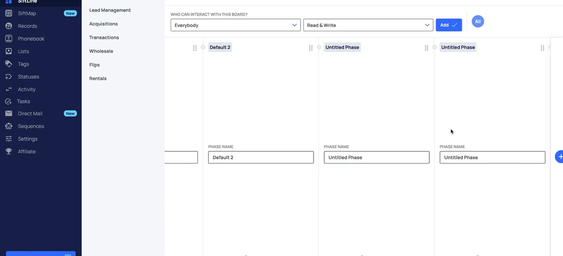 The board setup view with phase columns, permission dropdowns and add controls