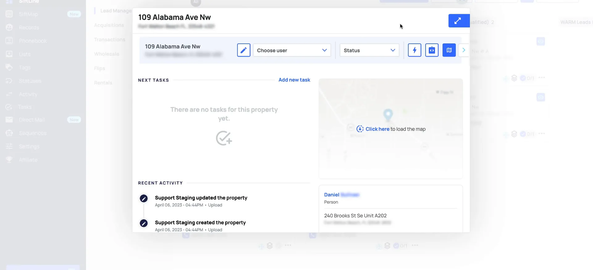 A property detail screen for 109 Alabama Ave NW with no tasks and recent activity