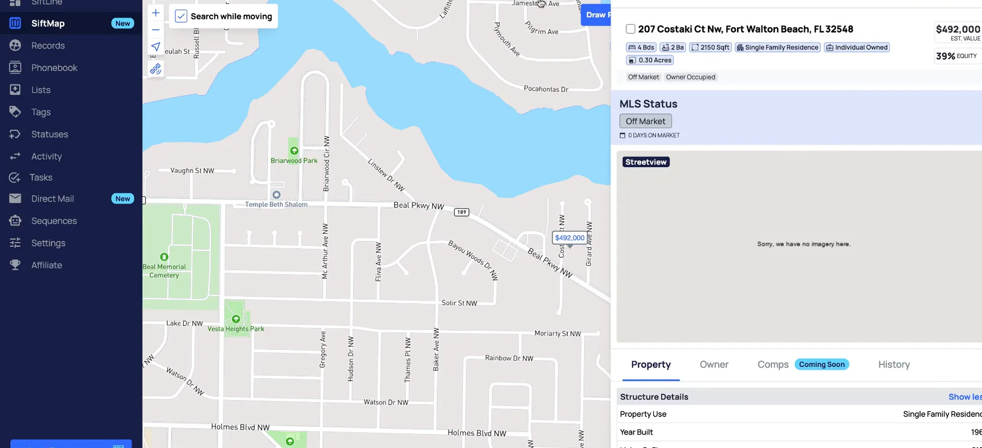 SiftMap showing a Fort Walton Beach property on the map with its details panel