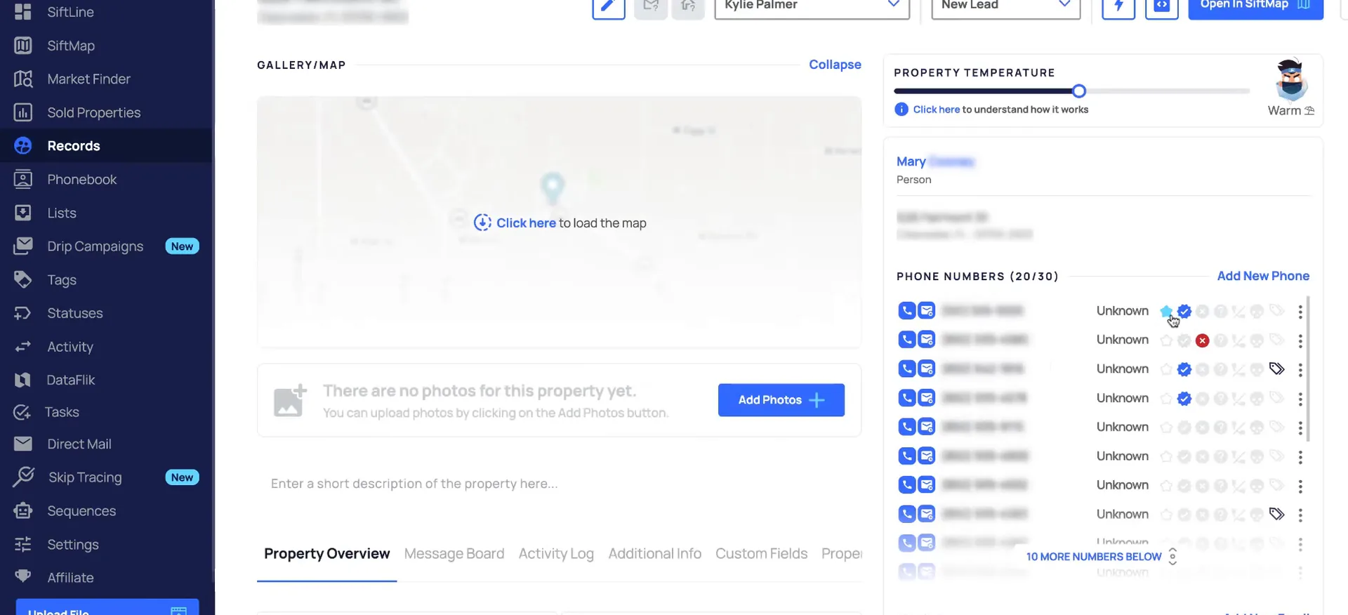 Records property screen with loading map, no photos, property temperature, and the contact's phone numbers.
