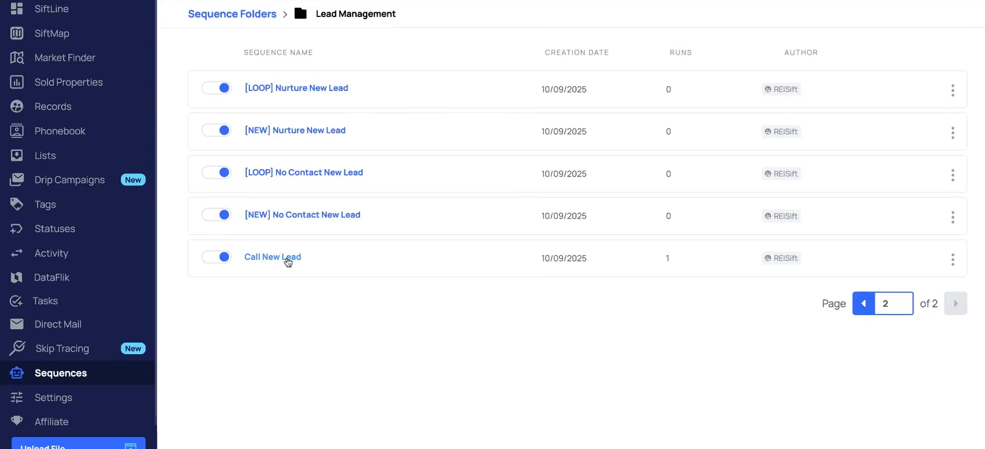 Sequences screen with the Lead Management table, five entries, pagination on page 2 of 2.