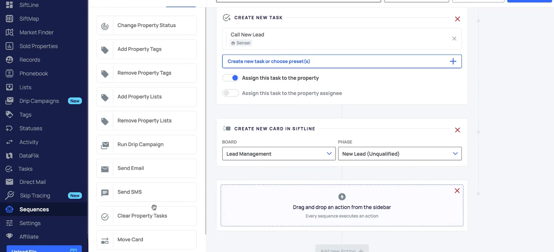 Sequences screen with task and card creation panels beside an action sidebar of property options.
