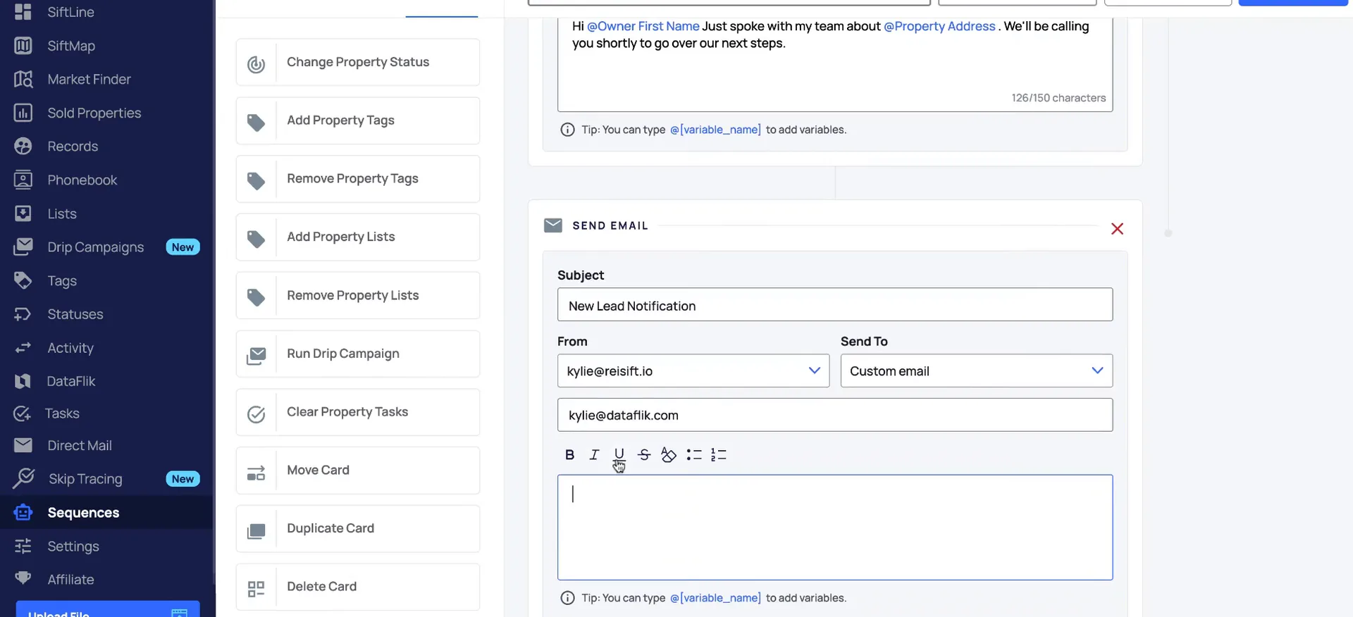 Sequences screen showing an email composition form next to the workflow action options.