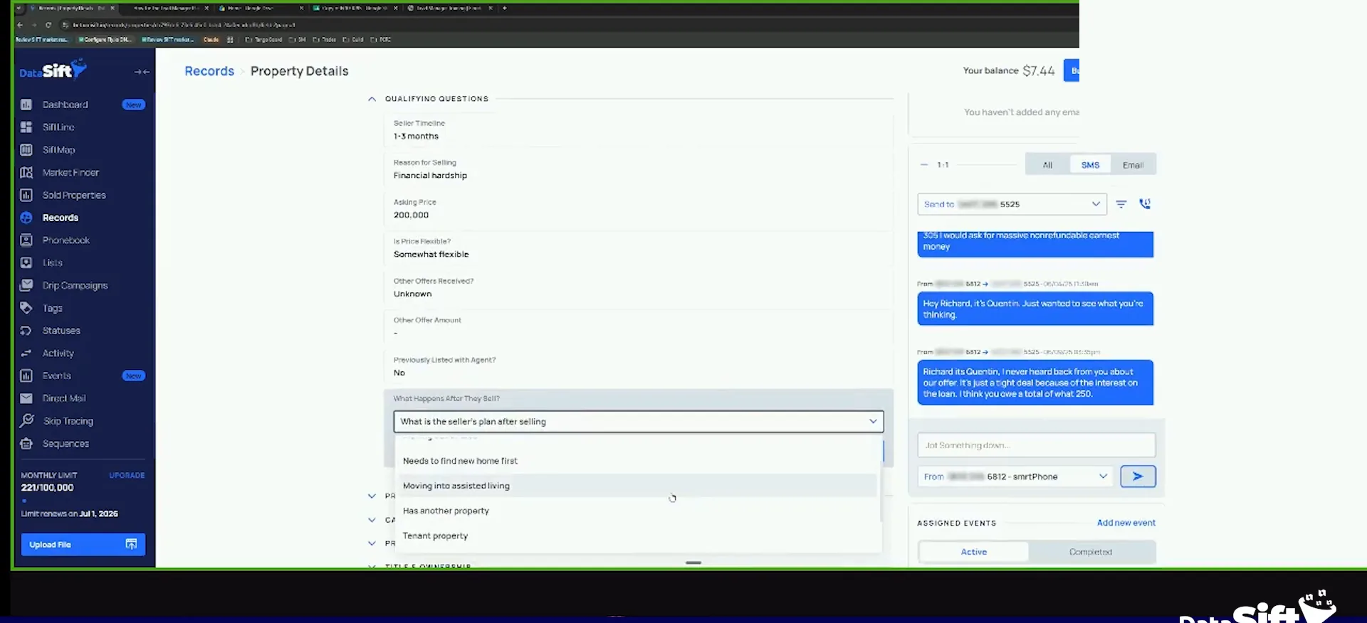 Property details screen with seller questions, an open dropdown and SMS messages